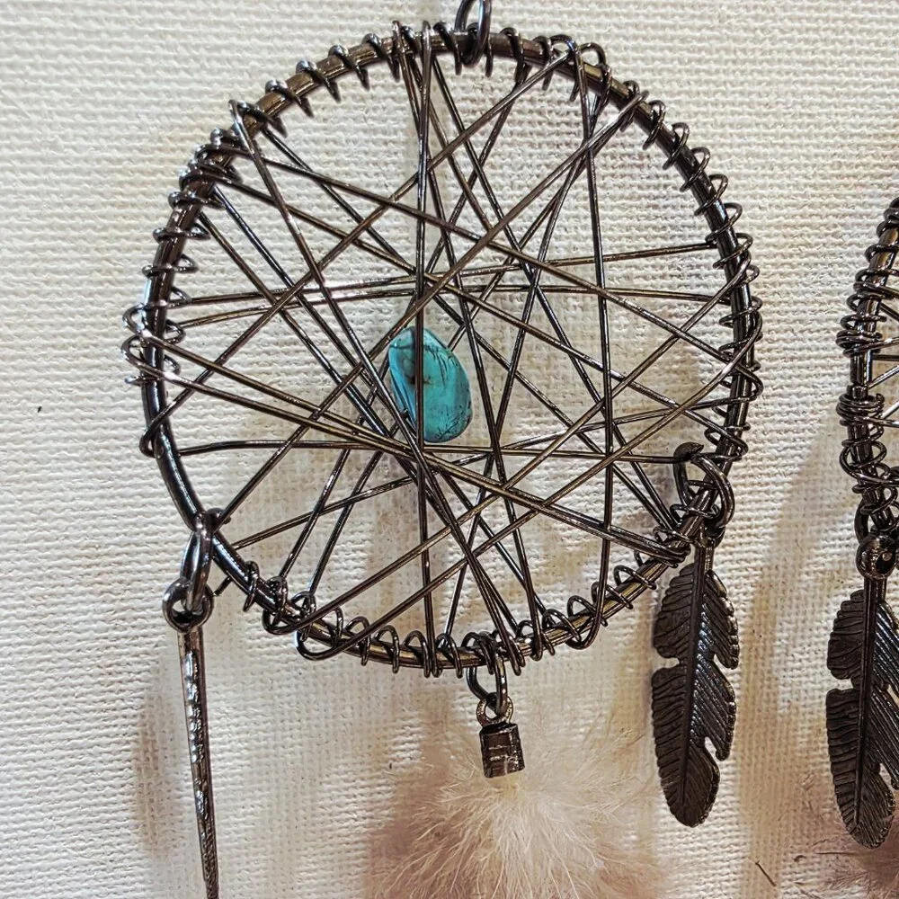Dreamcatcher Metal Woven Feather Accent Large Long SW Dangle Pierced Earrings
